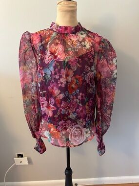 Anthropologie Floral Sheer Blouse in Burgundy and Pink